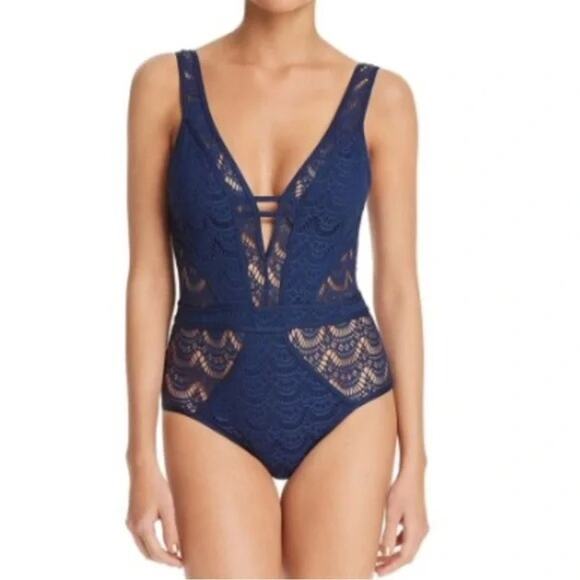 BECCA Navy Blue Crochet One-Piece Swimsuit Plunge Deep V-Neck Open Back S - Picture 1 of 4